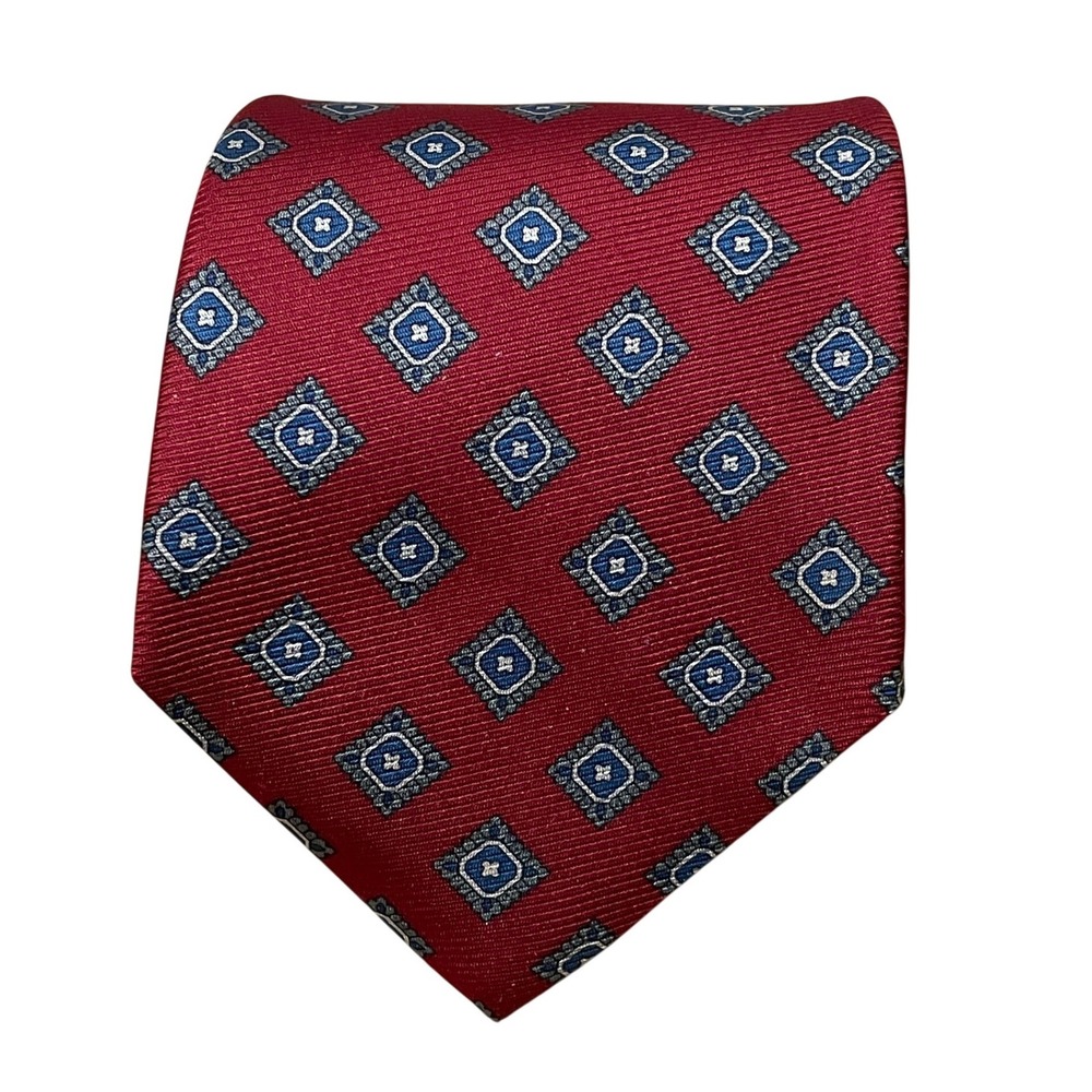 Brownstone Mens Silk Tie Burgundy Red Blue Geometric‎ Diamond Medallion Made USA